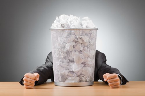 A person wearing a dark suit and white shirt is seated at a desk with their arms resting on the surface. In front of them, there is a metallic wire waste bin filled with crumpled white paper, which overflows slightly at the top. The background is a plain, neutral grey. The scene appears to be set in an office environment, suggesting a focus on waste disposal or rubbish management, consistent with services offered by Commercial Waste Removal Wood Green. The waste bin is centrally positioned in the image, with the crumpled paper creating a textured, uneven surface at the top, indicating it is full. The lighting is soft and even, highlighting the metallic finish of the bin and the paper's crumpled texture, while the office setting provides a professional context for waste disposal activities typical in commercial environments in the Wood Green area.